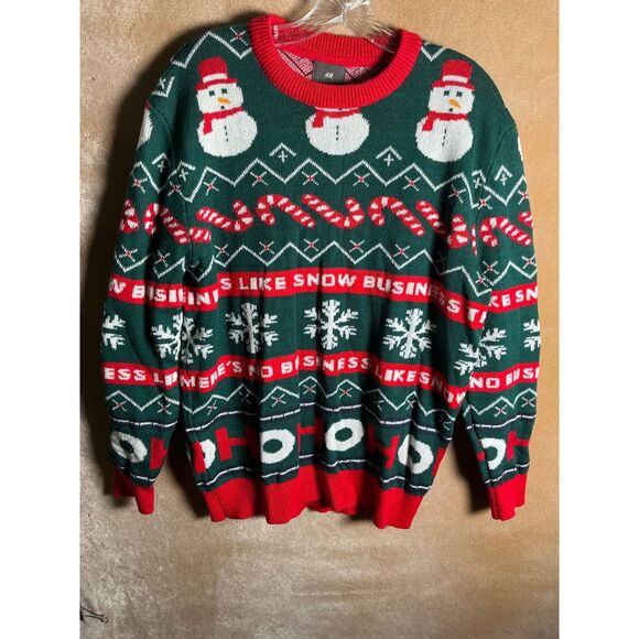 H&M Ugly Christmas Sweater Snowman Candy Cane Ho Ho Ho Green Red L - Picture 2 of 8